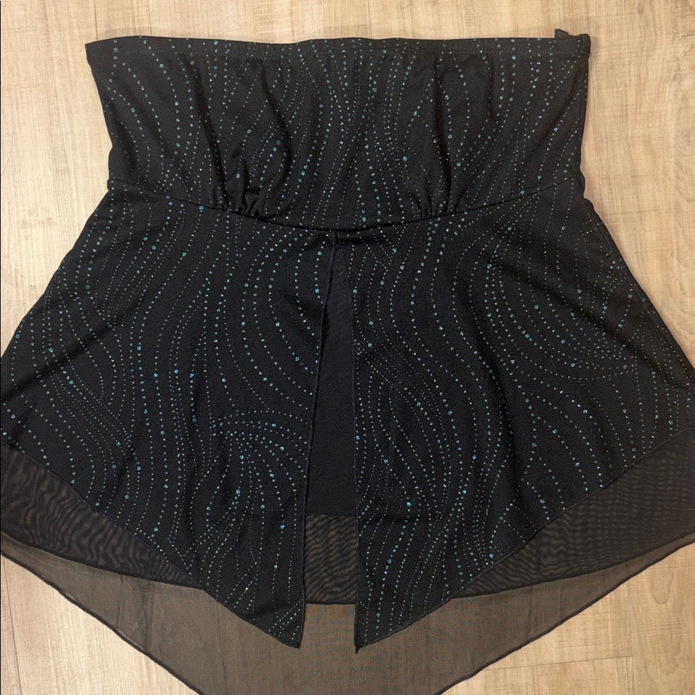 Vintage MKM Designs Black Strapless Handkerchief Hem Top with Blue Dot Accents